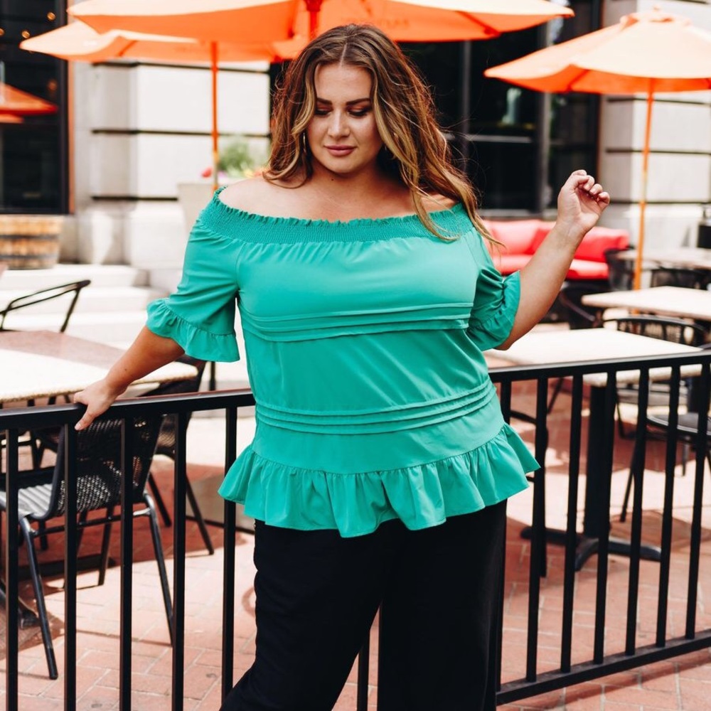 NWOT Tucks + Ruffles Off Shoulder